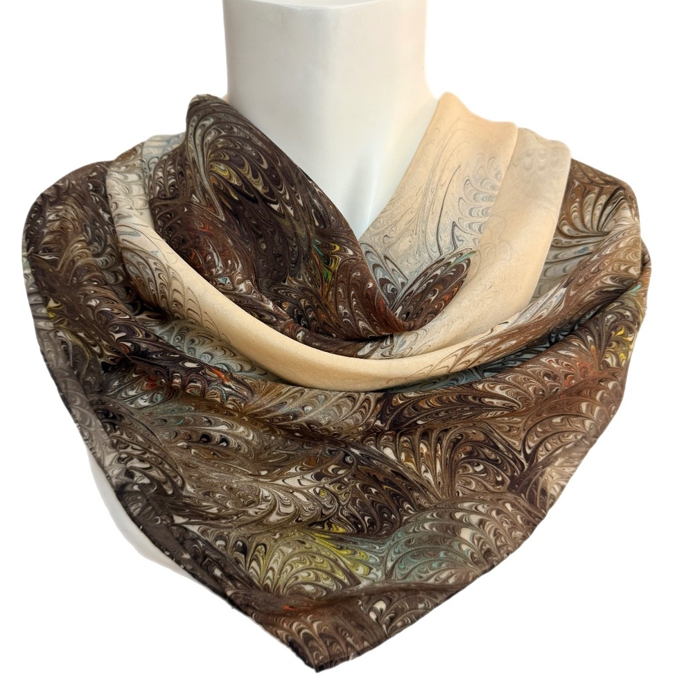 Vintage Abstract Marble Print Silk Scarf 36" Square Hand Rolled Edges